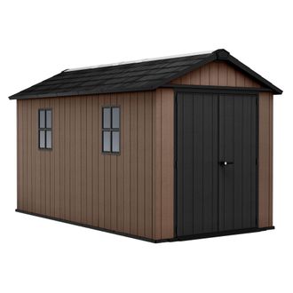 Keter Newton + 7513/1375 - Caseta De Jard&iacute;n 413x246x230 Cm Con 2 Puertas Para Almacenamiento De Herramientas, Acabado Efecto Madera Evotech+ En Resina Marr&oacute;