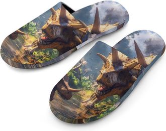 Generic A Group of Dinosaurs Flannel Mens Slip-on Slippers Winter Warm House Shoes with Rubber Sole for Home Hotel