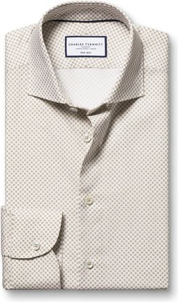 CHARLES TYRWHITT Non-Iron Stretch Geo Print Cotton Formal Shirt - Taupe & Blue Single Cuff Size 15.5/34 by Charles Tyrwhitt
