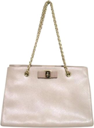 Ferragamo Pre-owned Vara Ribbon Chain Tote Bag - Dames - Vintage Schoudertas - Beige - ONE Size - Leer - Vintage