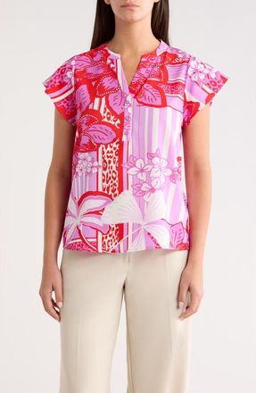 Sugarlips Barba Cass Tropical Flutter Sleeve Top in Red-White at Nordstrom, Size X-Small