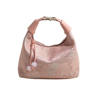 Generic Women Embroidery Shoulder Bag Handbag with Pearl Pendant Nylon Sling Bag (Pink)