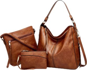 Generic Luxury Leather 3-Piece Hobo Bag Set, Soft Anti-Theft Crossbody Purse and Wallet Set, Shoulder Handbag for Women (Brown)