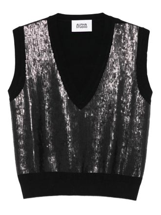 Alpha Studio sequin-embellished v-neck knitted top - women - Fabric - 42 - Black