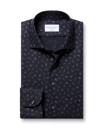 CHARLES TYRWHITT Non-Iron Stretch Bird Print Cotton Shirt - Charcoal Single Cuff Size 16/35 by Charles Tyrwhitt