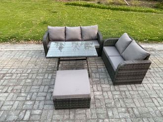 Fimous High Back PE Rattan Sofa Set Outdoor Garden Furniture Dining Table Set Love Sofa 3 Seater Sofa Big Footstool in Dark Grey