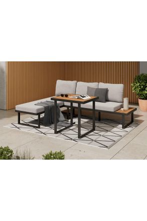 ambia GARDEN Dining-Loungeset, Grau, Naturfarben, Schwarz, Holz, Metall, Akazie, vollmassiv, 152x58x67 cm, Gartenmöbel, Gartengarnituren