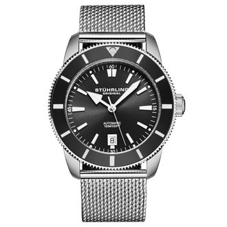 St&uuml;hrling Mens Marinier 4079 Aquadiver 42mm - Black & Silver Stainless Steel - One Size