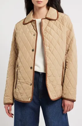 Michael Kors Faux Leather Trim Detail Quilted Jacket in Khaki at Nordstrom, Size X-Large