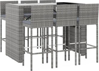 vidaXL Mesa Y Taburetes Altos Jard&iacute;n Y Cojines 7 Pzas Rat&aacute;n Pe Gris Vidaxl