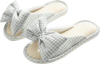 Supvox Peep Toe Non-Slip Slippers for Women, Breathable Grey Bow Knot Indoor Slippers with Thick Sole, Size L (39-40)