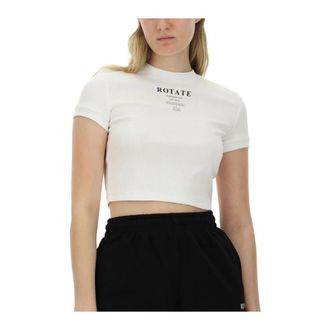 Rotate Rotate Birger Christensen - Ribbed Cropped Logo T-Shirt - Dames - Tops - Wit - Maat: L Katoen