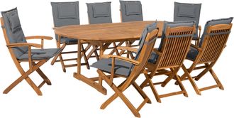 Beliani Conjunto De Comedor Al Aire Libre Madera De Acacia Clara Con Cojines Gris Oscuro Mesa 8 Plazas Sillas Plegables Dise&ntilde;o R&uacute;stico Maui