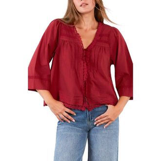 BILLY T Fable Floral Lace Trim Cotton Blend Button-Up Shirt in Pomegranate at Nordstrom, Size X-Small
