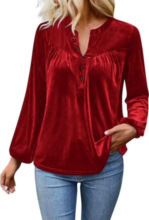 Generic Jumpers for Women Uk Ladies Velvet Button Up V Neck Velour Tops Swing Long Sleeve Tunic Blouse Elegant Soft Henley Shirt Sweaters Evenings Out Special