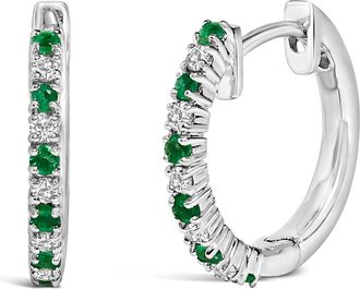 House of Brilliance 10K White Gold Alternating Emerald 1/10 Cttw Diamond Huggy Hoop Earrings