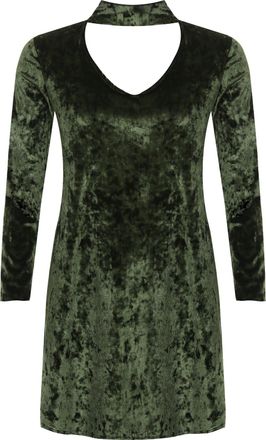 Generic MMK Womens Crushed Velour Velvet Choker V-Neck Frankie Mini Dress - Ladies Party Wear Long Sleeve A-Line Flared Swing Dresses (Green, 16)