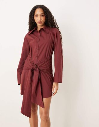 Asos Vestito corto stile camicia con parte anteriore a portafoglio color bordeaux-Rosso