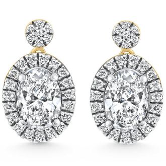 Pompeii3 3 1/2Ct Oval Halo Dangle Diamond Earrings Yellow Gold Studs Lab Grown