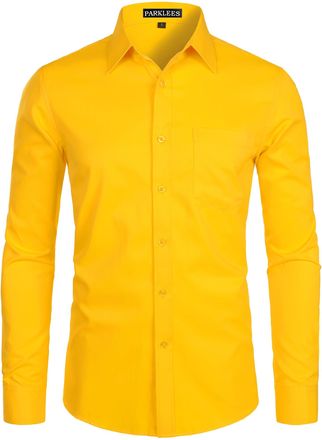 PARKLEES Mens Long Sleeve Dress Shirt Solid Slim Fit Casual Business Formal Button Up Shirts with Pocket Yellow 2XL