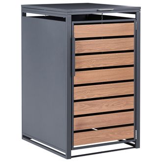 Beliani Cobertizo De Metal Para Cubo De Basura De 240 Litros Exterior Apertura Superior Con Cadena Acabado Imitaci&oacute;n Madera Acero Galvanizado Gris Oscuro Poli