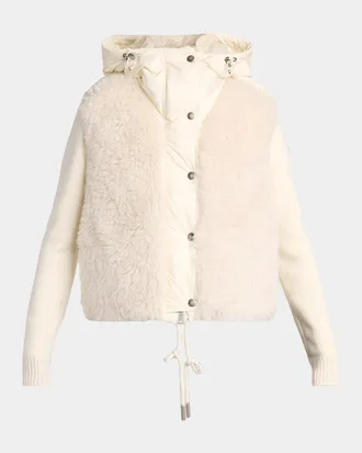 Moncler Wool and Cashmere Blend Padded Zip-Up Cardigan with Faux Fur