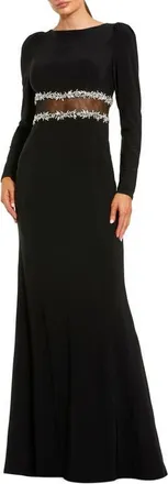 Mac Duggal Long Sleeve Jersey Gown With Jewel Detail in Black at Nordstrom, Size X-Small
