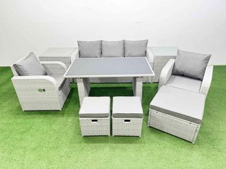Fimous Outdoor Rattan Garden Furniture Dining Set 8-seater with 2 Side Tables in Light Grey