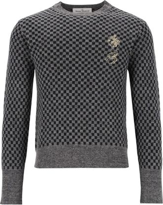 Vivienne Westwood Checkmate Crewneck Sweater - Heren - Ronde hals truien - Grijs - S - Katoen - Truien & Vesten