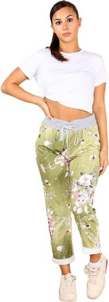 Generic Faozo Womens Italian Printed Turn Up Trouser - Ladies Floral Elasticated Waistband Causal Summer Drawstring Pant with Side Pockets Gym Running Workout