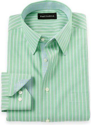 Paul Fredrick Cotton Poly Spandex Point Collar Twill Slim Contrast Trim Button Cuff Long Sleeve in Green at Nordstrom, Size 16.5