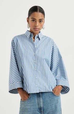 Brunello Cucinelli Striped poplin shirt in Azure at Nordstrom, Size Xx-Small Eu