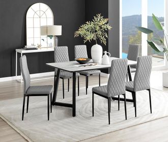 Furniturebox Carson White Marble Effect Dining Table & 6 Milan Black Leg Chairs in Grey