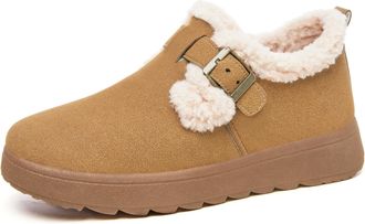 Generic Womens Suede Winter Slippers, Warm Slip-On Snow Boots with Adjustable Strap, Wide Barefoot Arch Support House Shoes for Indoor Outdoor,Camel,3.5 UK