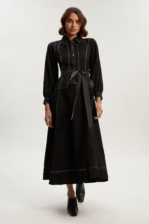 Karen Millen Womens Premium Linen Twill Topstitch Woven Maxi Dress - Black Viscose - Size 6 UK