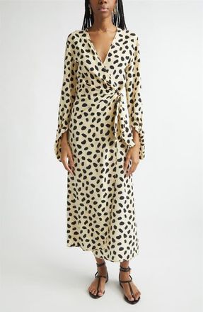 Johanna Ortiz Ollantay Print Long Sleeve Silk Wrap Dress in Ecru /Black at Nordstrom, Size 10