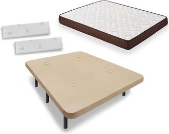 HOGAR 24 Cama Completa - Colch&oacute;n Viscobrown Doble Capa Viscosoft, Altura 15 Cm + Base Tapizada Beige Con Patas De 32 Cm + Almohada Viscoel&aacute;stica, 140x190 Cm