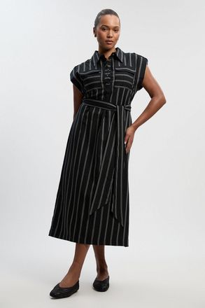 Karen Millen Womens Plus Size Bold Stripe Cotton Woven Maxi Shirt Dress - Black Lyocell - Size 24 UK