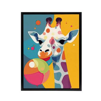 Artery8 Cute Colourful Giraffe With Balloon Framed Canvas Wall Art Print | Size: W24 x H32