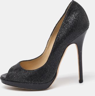 Jimmy Choo London Black Glitter Fabric Luna Peep Toe Platform Pumps
