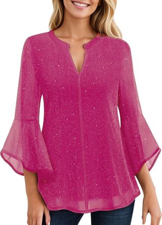 Generic Womens Blouses Ruffle 3/4 Flared Sleeve Tunic Tops Loose Sheer Flowy Square Neck Chiffon Top Double Layers Mesh yellow White Dressy Party Holiday Shir