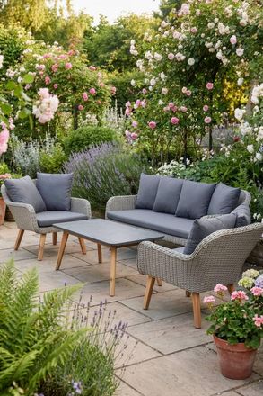 Dibor 4pc Garden Sofa Set Grey Cushions, Woven Rattan Style & Coffee Table