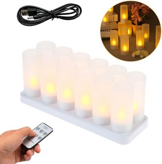 OEM Velas Led Recargables, Sin Llama Y Con Efecto Parpadeante, Juego De 12, En Vasos Esmerilados, Color Amarillo (12 Unidades)