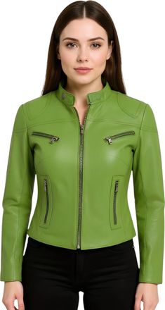 Infinity Leather Womens Green Casual Slim-Fit Biker Jacket-Tulsa Lamb Leather - Size 22 UK