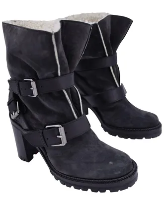 Christian Louboutin Womens Suede Buckle Strap Shearling-Lined Boot (Authentic Pre-Loved)