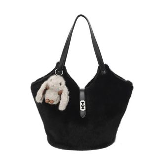 Generic Womens Plush Bags Fluffy Texture Shoulder Bag Solid Color Commuting Bucket Women Casual Versatile Handle(Black)