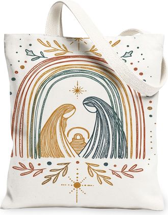 Generic Holiday Rainbow Canvas Tote Bags, Nature Pattern Reusable Shopping Bags, Winter Vintage Lightweight Washable Shoulder Strap, White, 13x15 Inch