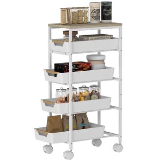 OEM Carro De Cocina De 5 Niveles Carrito Auxiliar Con Ruedas Tablero Efecto Madera Cajones Extra&iacute;bles 39,5x24x82 Cm Blanco