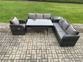 Fimous 7 Seater Rattan Garden Furniture Set Oblong Rectangular Dining Table & Chairs Set with 3 Seater Sofa Side Tables Dark Grey Mixed