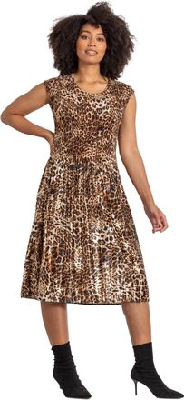Klass Pleated Animal Print Velour Dress - Brown/Kingfisher - L